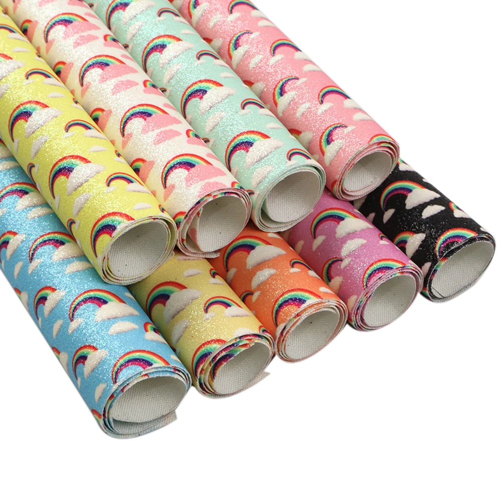 

9Pcs Rainbow Patterns Printed Fine Glitter Vinyl Fabric Faux Leather Sheet Set For DIY Handmade Earring Crafts,1Yc10004