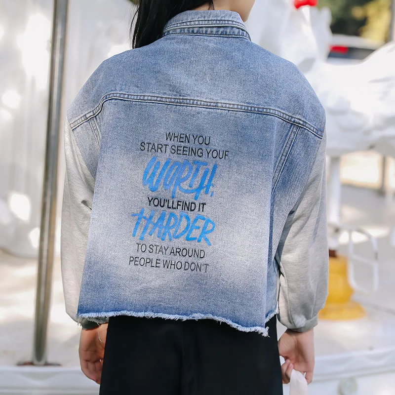 

New 2020 Autumn Winter Women Denim Jacket Cropped Patchwork Sleeve Outerwear Letter Embroidery Blue Jean Jackets For Women