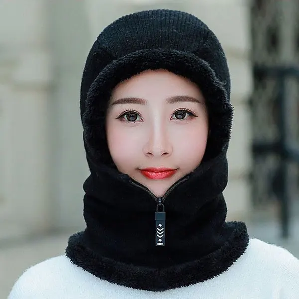 black Skullies Beanies женская вязаная шапка шарф женские зимние шапки для женщин капот однотонная Балаклава маска Feminino Beanie Hat cap - Цвет: black