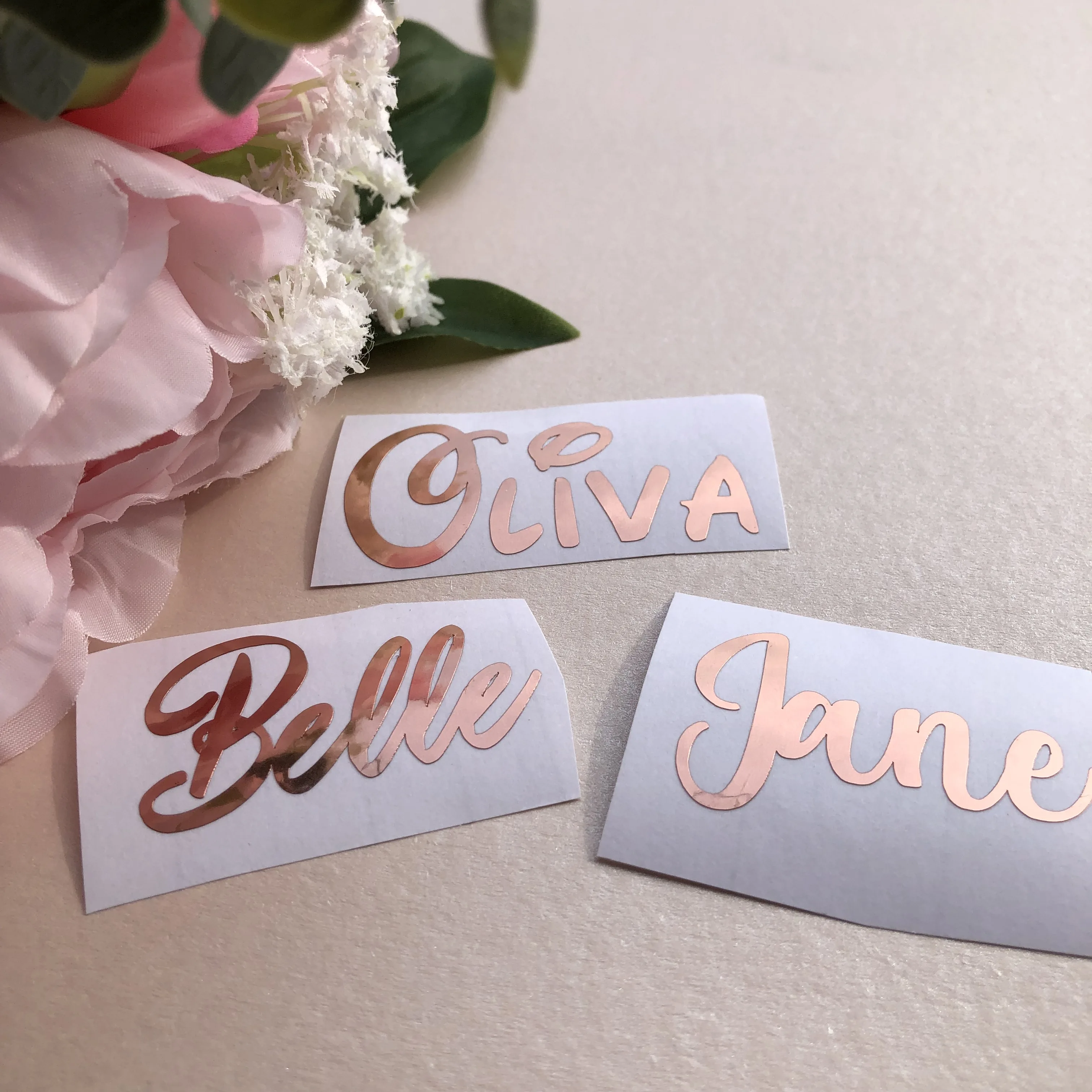 

Rose gold Personalised Name Sticker Pink gold Vinyl Decal Water Bottle Wine Glass Lunch Box Hen Do