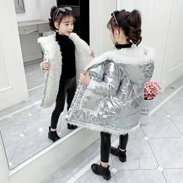 

Girls winter 2020 new children's bright face down padded jacket girls mid-length plus down over the knee thick winter padded