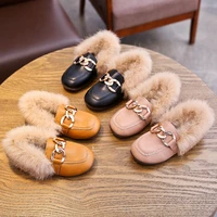 winter kids fur shoes casual children pu leather shoes girls warm flats toddler black brand shoes loafer with buckle moccasin
