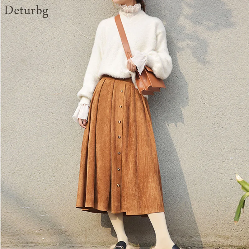 

Женская винтажная однобортная юбка средней длины, Повседневная Эластичная плиссированная замшевая юбка на пуговицах с высокой талией, осе...