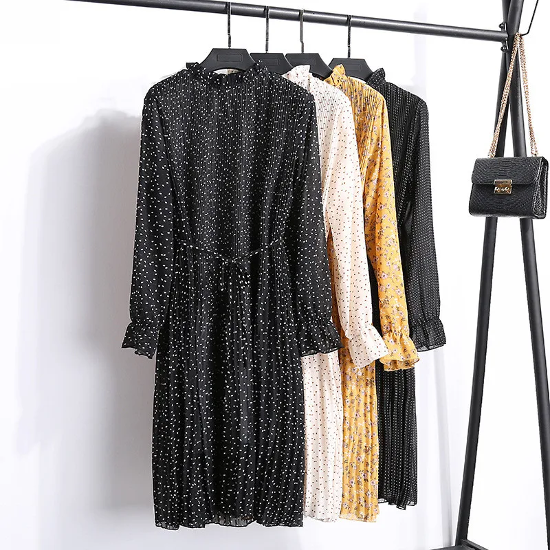 Женское шифоновое платье с длинным рукавом черное праздничное цветочным принтом