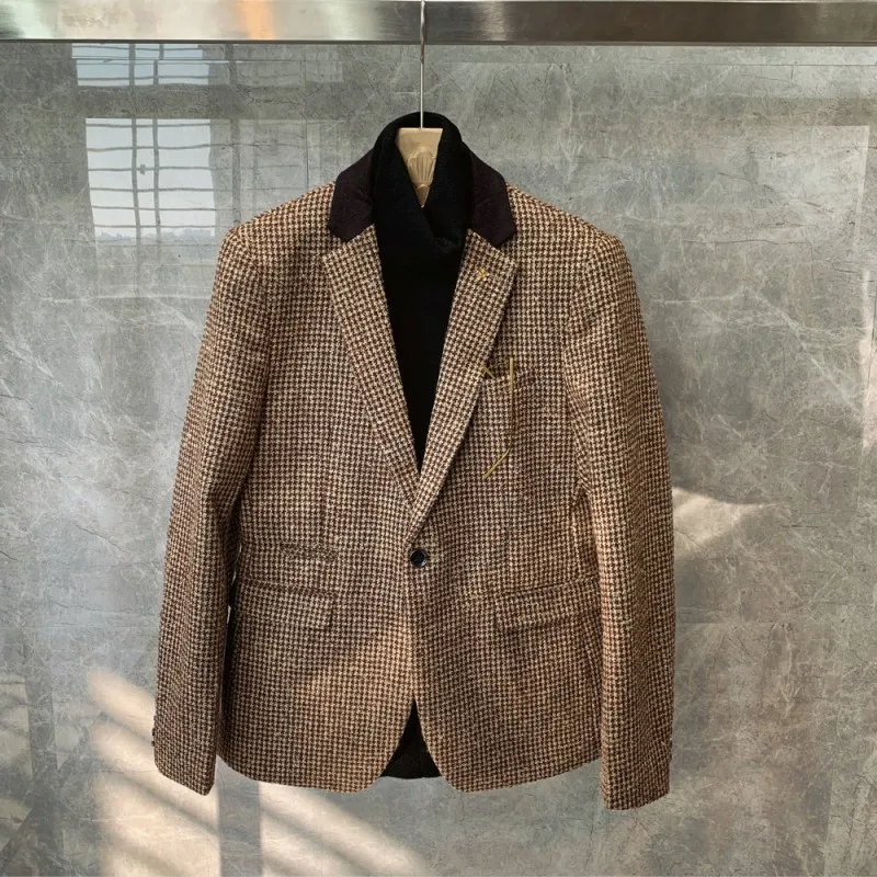 

Winter England Style Plaid Slim Blazer Men Single Button Lapel Casual Suit Jacket Fashion Office Full Sleeve Formal Outerwear