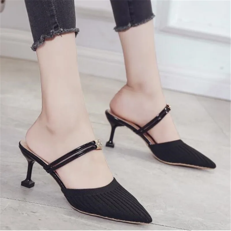 2020 Лето Модельные вечерние туфли Трикотажный верх Женские на высоком каблуке для