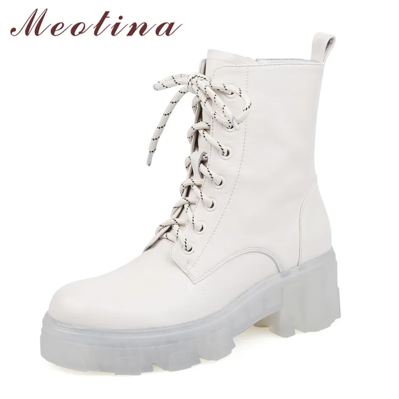 

Ботинки Meotina женские в байкерском стиле, полусапожки из натуральной кожи на платформе и толстом каблуке, на молнии, с перекрестной шнуровкой...