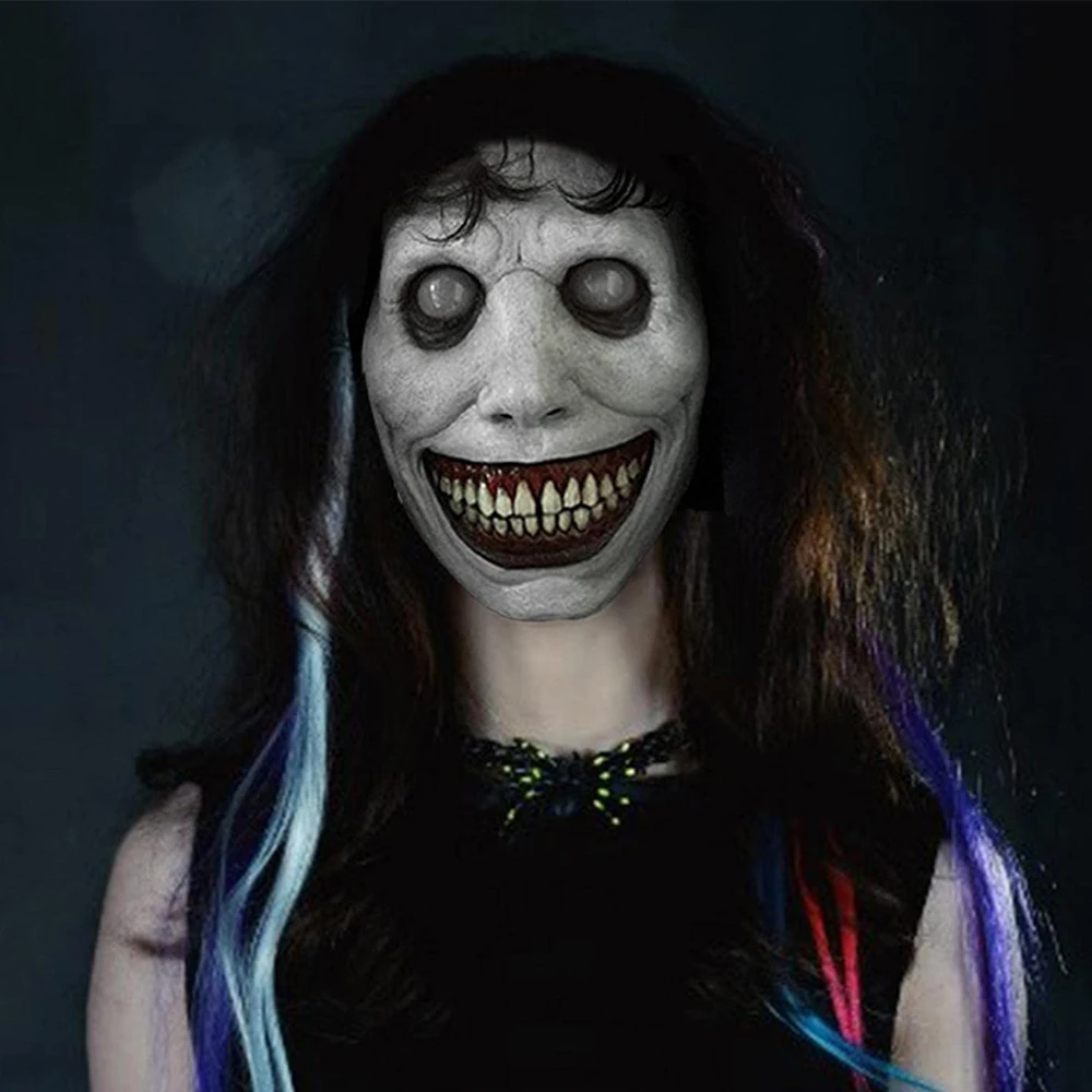 Костюм-маска для Хэллоуина 2022 "Улыбающийся демон" - страшное бледное лицо из латекса, реквизит маскарада, жуткий улыбающийся смайлик.