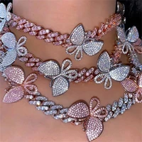 12mm hip hop pink cuban chain butterfly pendant necklace for women bling rhinestone choker necklace fashion jewelry party gift
