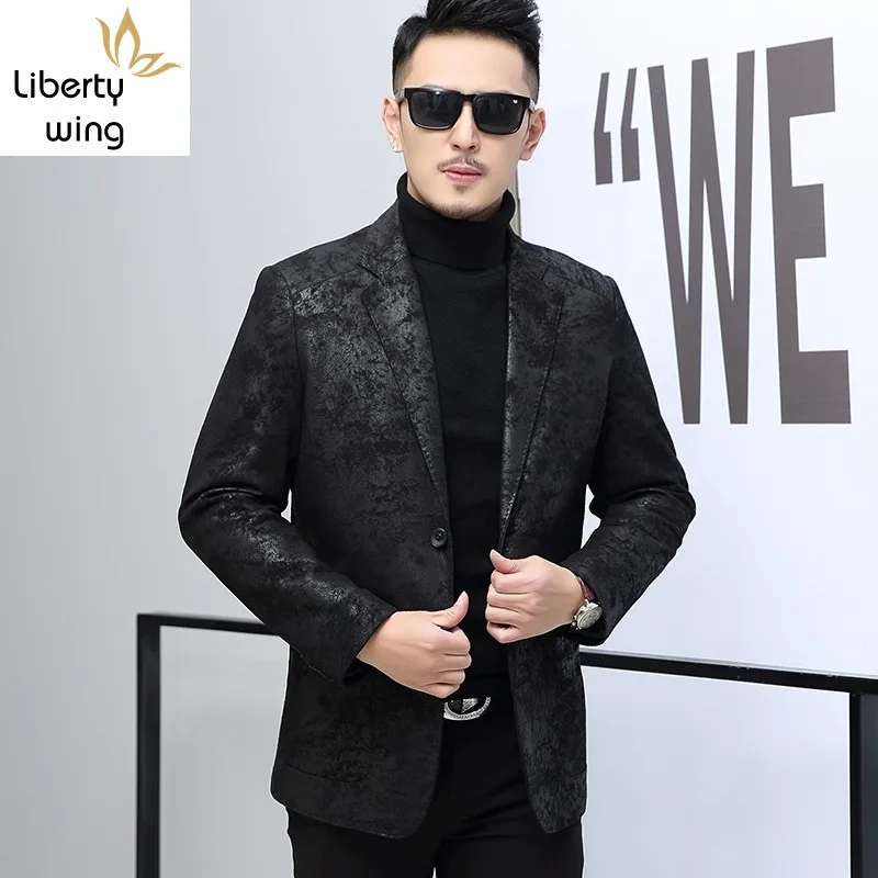 Пиджак мужской из натуральной кожи Модный деловой облегающий блейзер с принтом