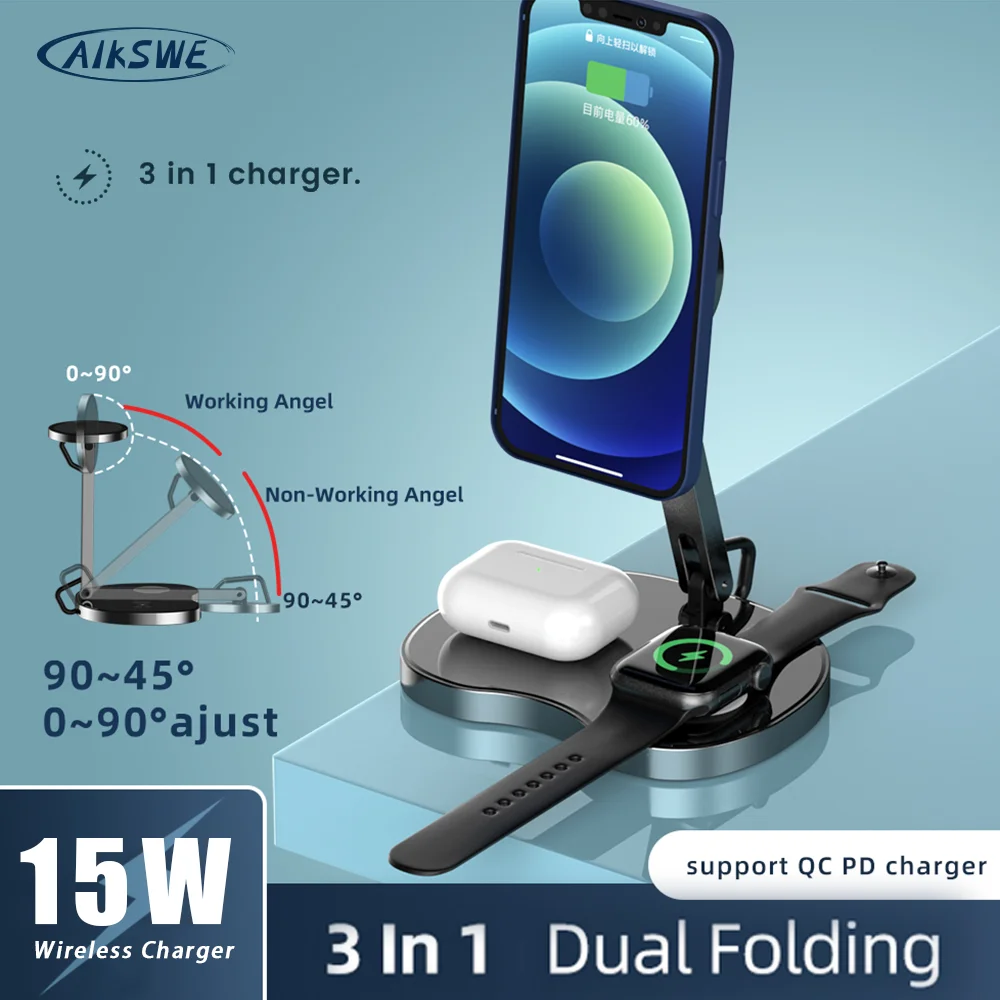 

AIKSWE 3 IN 1 Magnetic Wireless Charger Alloy Holder For iPhone 12 11 X Pro Max Mini Watch AirPods For Samsung S10 Phone Stand