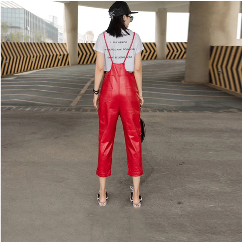 Женский однотонный комбинезон из натуральной кожи черный красный повседневный