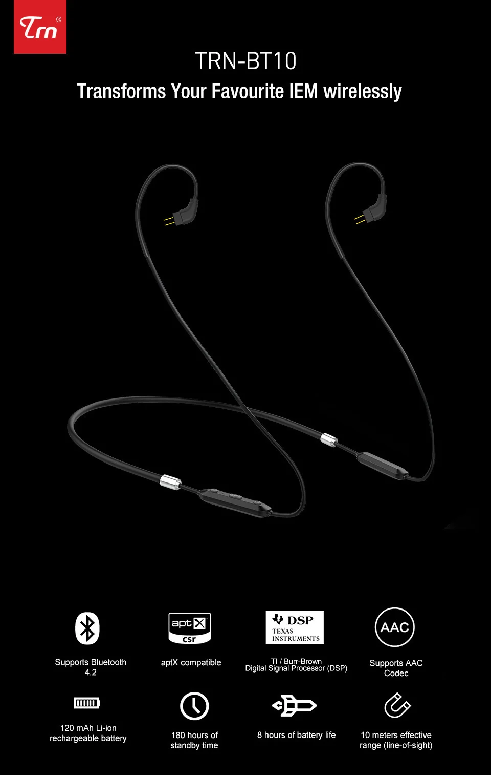 TRN BT10 беспроводной Bluetooth 4,2 APT-X IPX7 водонепроницаемый кабель HIFI наушники 2PIN/MMCX использовать для V10 V20 V80 Yinyoo HQ5/6