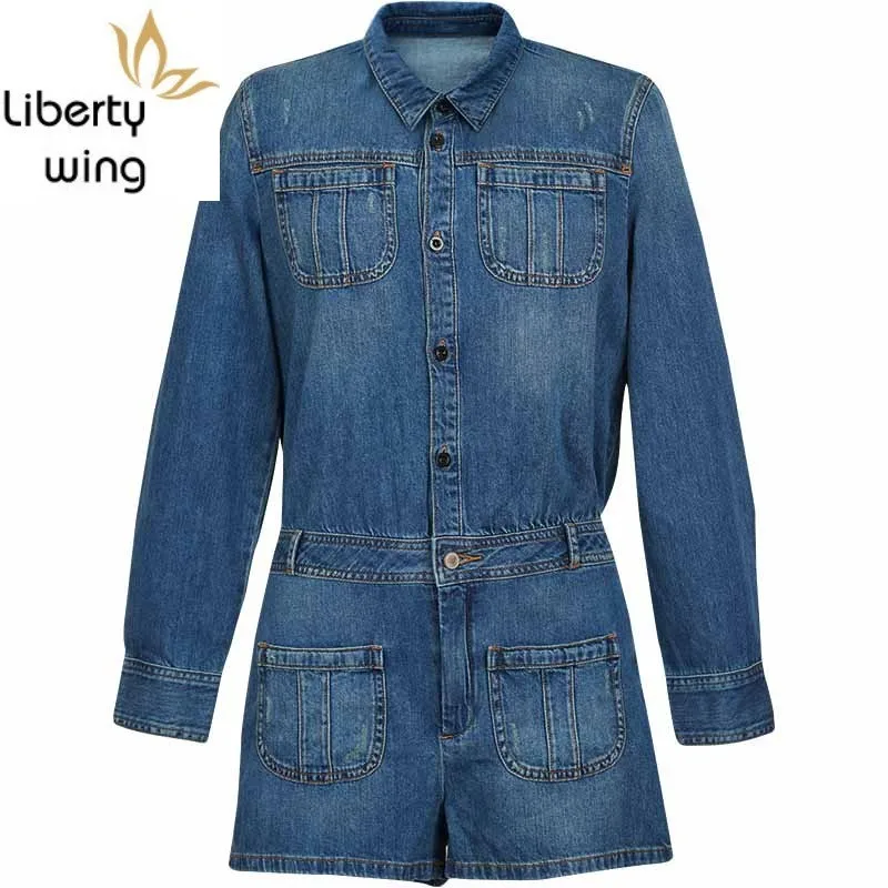 Women Casual Long Sleeve Denim Playsuit One Piece Single Breasted Pockets Cargo Jeans Jumpsuit Spring New Ladies Shorts Bodysuit