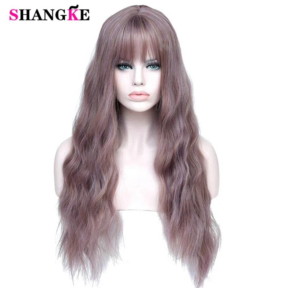 SHANGKE Synthetic Long Mix Purple Womens Wigs With Bangs Heat Resistant Kinky Curly Pink Green Wigs for Women African American