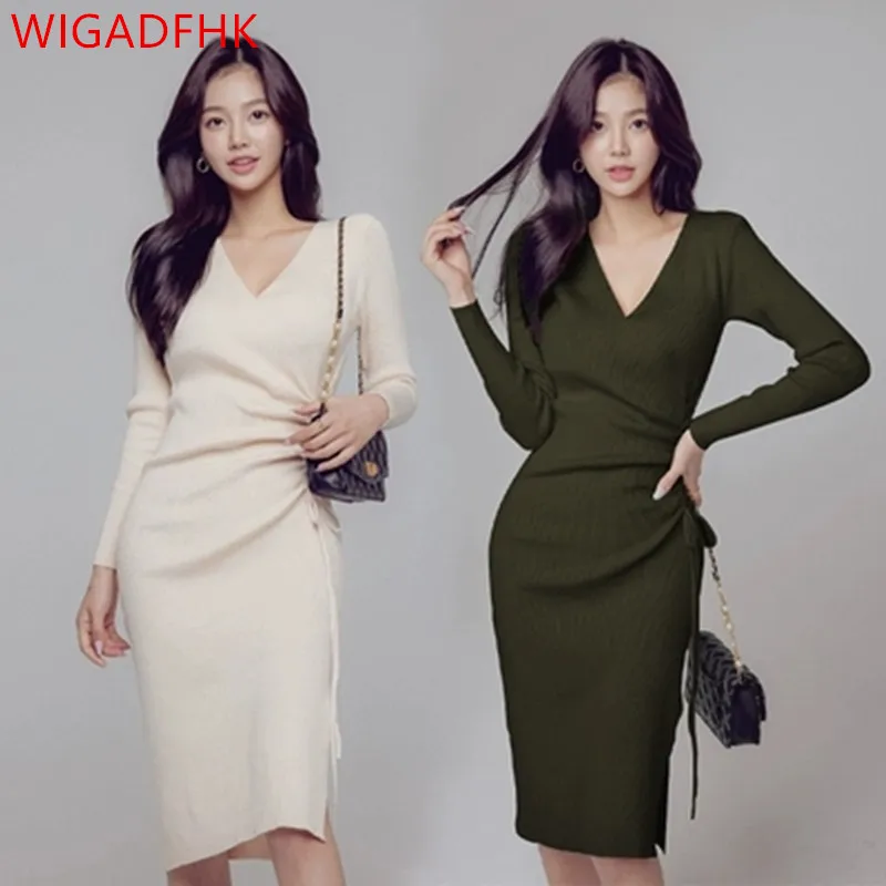 

Base Knit Dress 2021 Fall/Winter Retro V-neck Slim High Elastic Drawstring Long Sleeve Mid-length Sweater Dress
