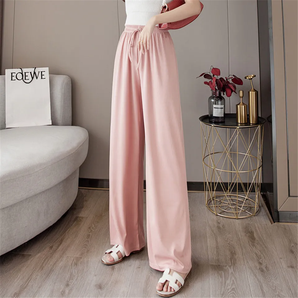 

Fashion Thin Ice Silk Pants Straight Wide Leg Pants Women High Waist Office Slacks Pants Summer Ankle-Length Trousers Female