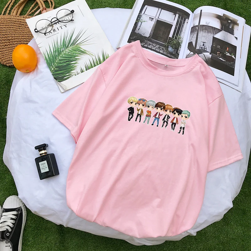 Футболка женская в Корейском стиле милый топ с коротким рукавом и принтом Kpop Bangtan