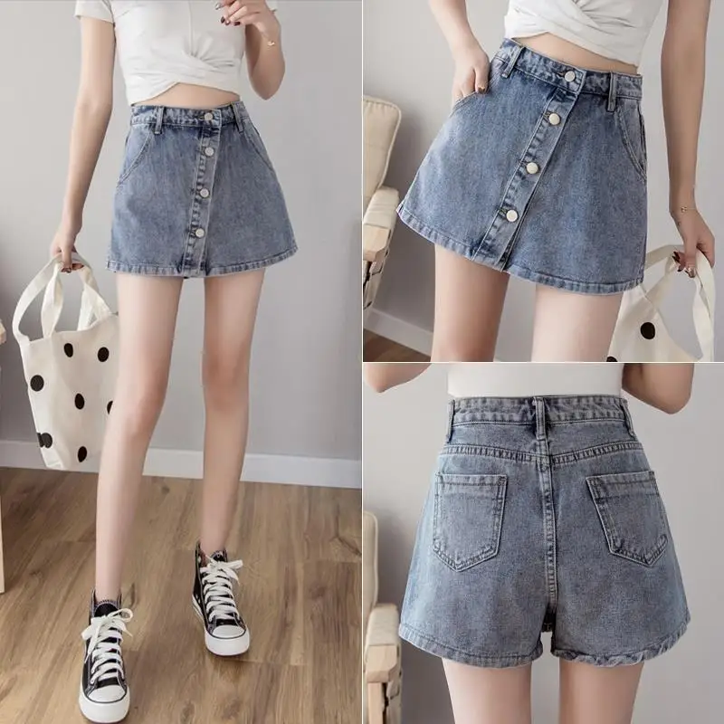 

Jeans skirt shorts women's summer loose student's two-piece half length trouser skirt high waist anti light A-line short skirt