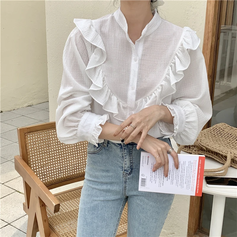 

Alien Kitty Elegance Fashion 2021 Hot Retro Ruffles Office Lady Solid Long Sleeves Sweet Girls Shirts Femme Casual Tops Clothe
