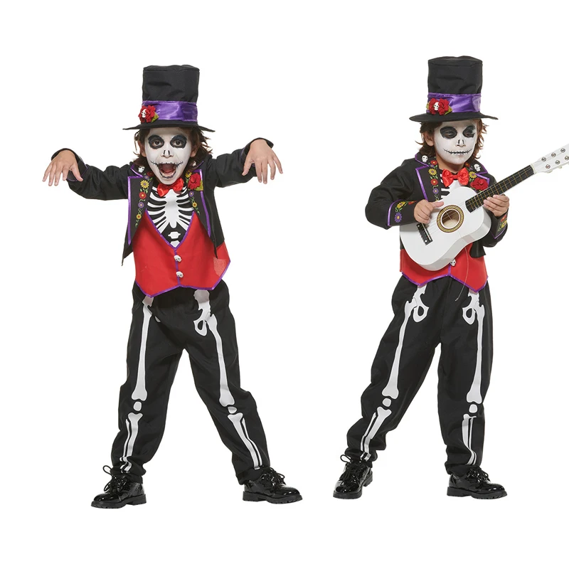 

Day of The Dead Scary Cosplay Skeleton Costume Masquerade Full Set Clothing with Hat Halloween Costumes for Kids 3-6T