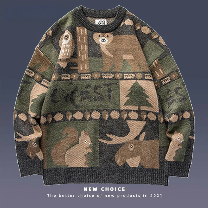 

Vintage Winter Warm Sweater Men Streetwear New Japanese Cute Bear Knitted Pullovers Mens Hip Hop Harajuku O-Neck Jumpers Couples