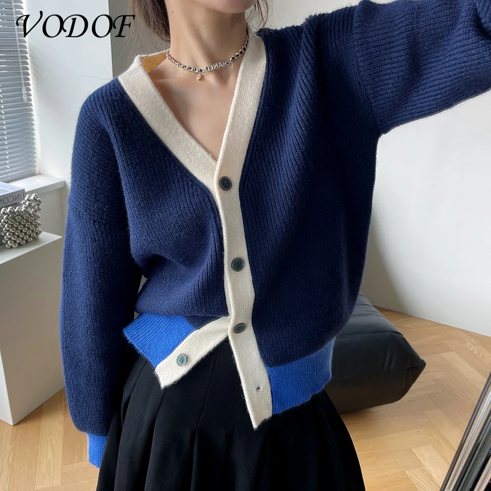 VODOF Plaid Cardigan Sweater Women Lantern Sleeve Casual Loose Jumper Autumn Winter V Neck Knitted Oversized Cardigan Ladies