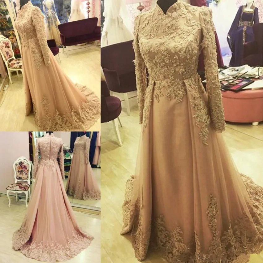 Elegant Arabic A-Line Evening Dresses Long Sleeve Dubai Indian High Neck Gown Custom Made Lace Appliques Muslim Party | Свадьбы и