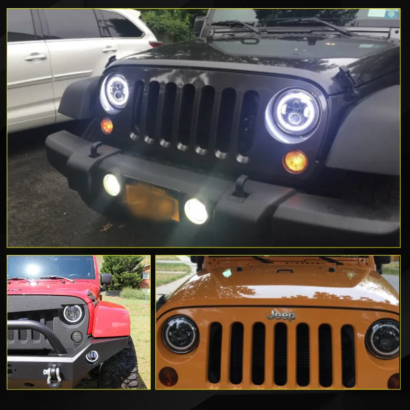 For Jeep Wrangler JK LJ CJ Lada 4x4 Headlights Bulb with red or amber Halo Angel Eye Colorful Ring DRL & Turn Signal Lights | Автомобили