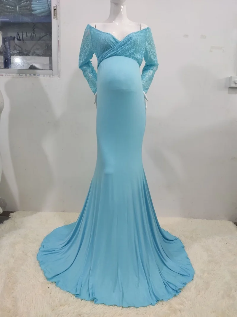 

White Pregnant Mermaid Maxi Off Shoulder Gown Photo Shoot Maternity V Neck Lace Dress Baby Shower Embarazada Ropa Fotografia