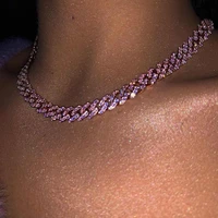 new pink clear crystal paved miami curb cuban chain necklace for women multicolor iced out cuban link chain jewelry adjustable