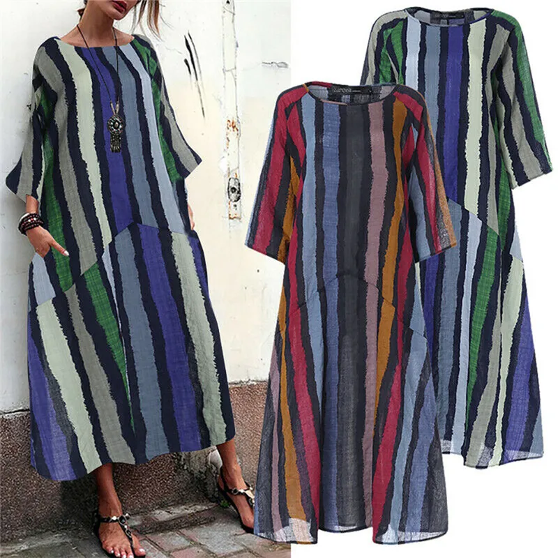 Женское платье Лето-Осень 2019 модное богемное в полоску свободное женское