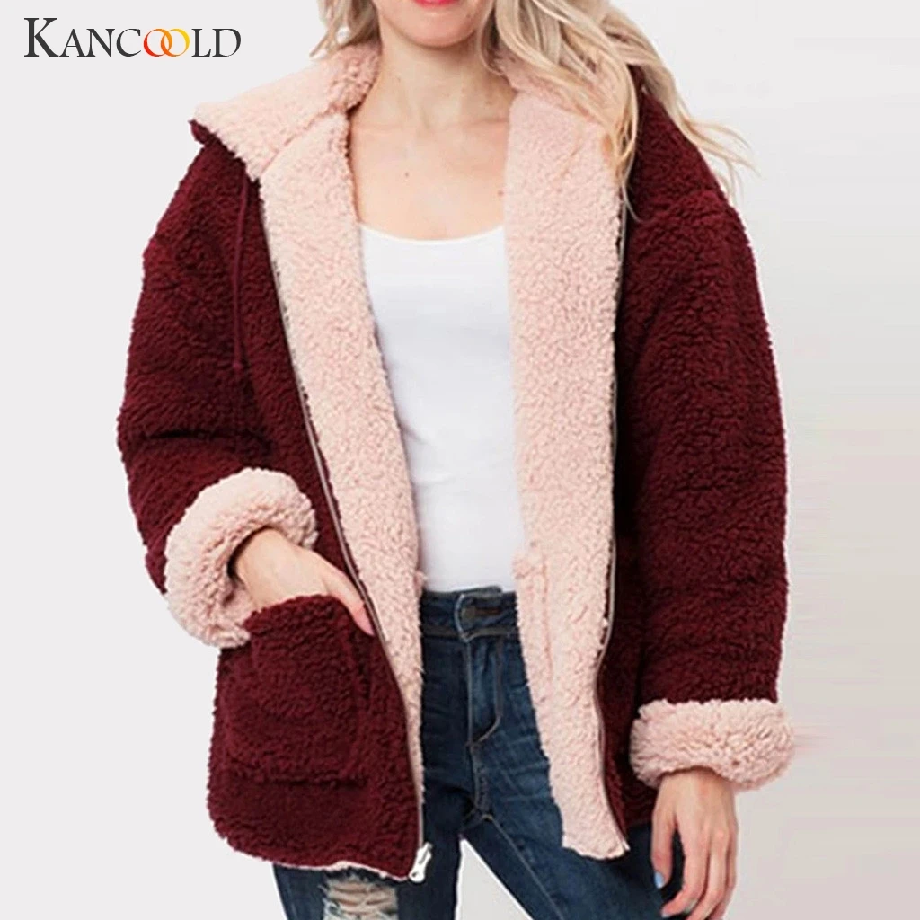 KANCOOLD пальто модные однотонные пальто из искусственного меха с капюшоном Плюшевые на молнии с карманами Реверсивные Свободные Новые пальто и куртки для женщин 2019AUG20