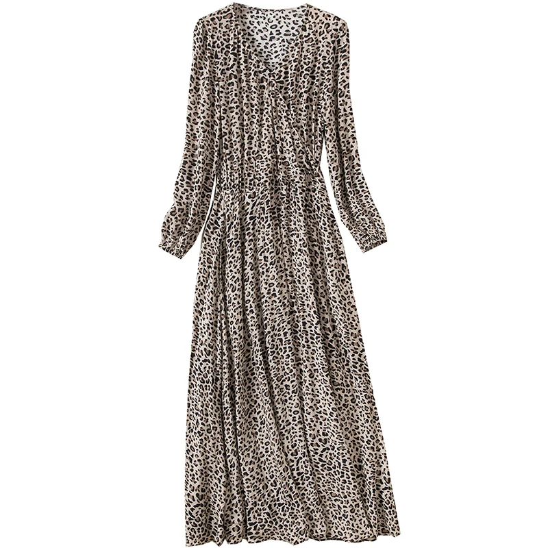 Макси Платье с леопардовым принтом запахом v образным вырезом и длинными
