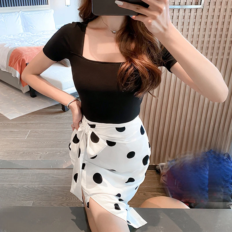 

new arrival fashion sets for women summer temperament square collar office lady dot skirt and slim black top two piece set