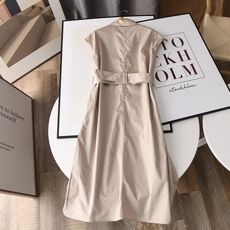 

FOLOBE 2021 Elegant Khaki Dresses Women Sleeveless Turn-down Collar Sashes Buttons Knee-length A-line Dress vestido feminino