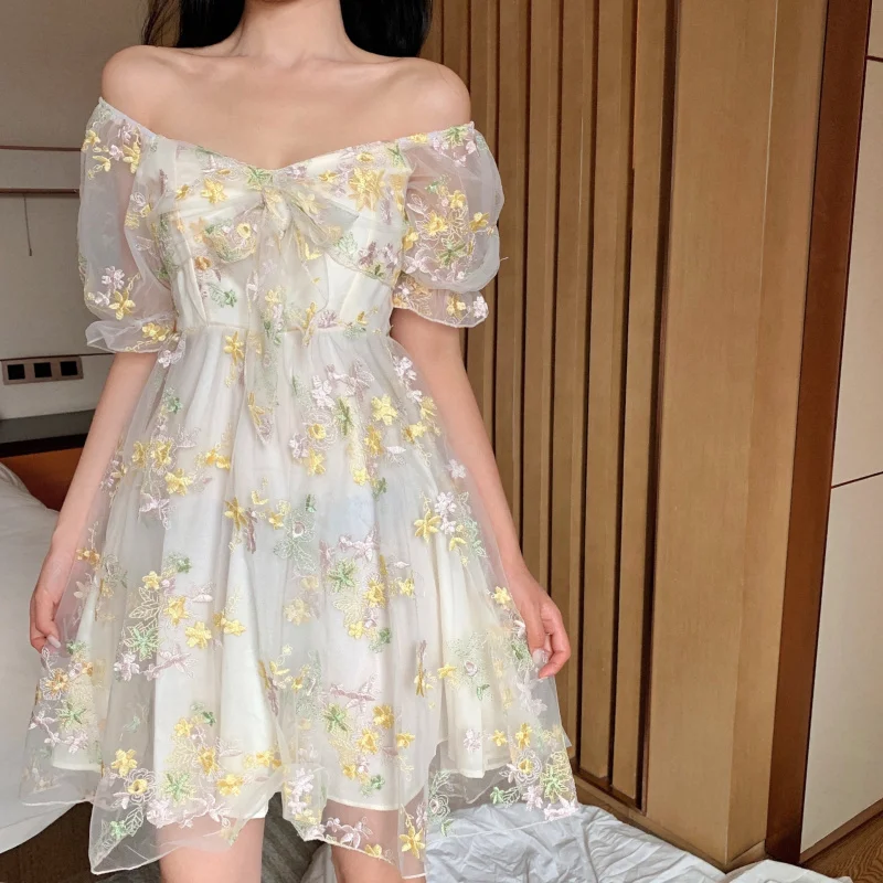 

French Floral Dress Women Sexy Puff Sleeve Lace Chiffon Print Mini Dresses Summer Korean Vintage Fairy Fashion Female Skirts New