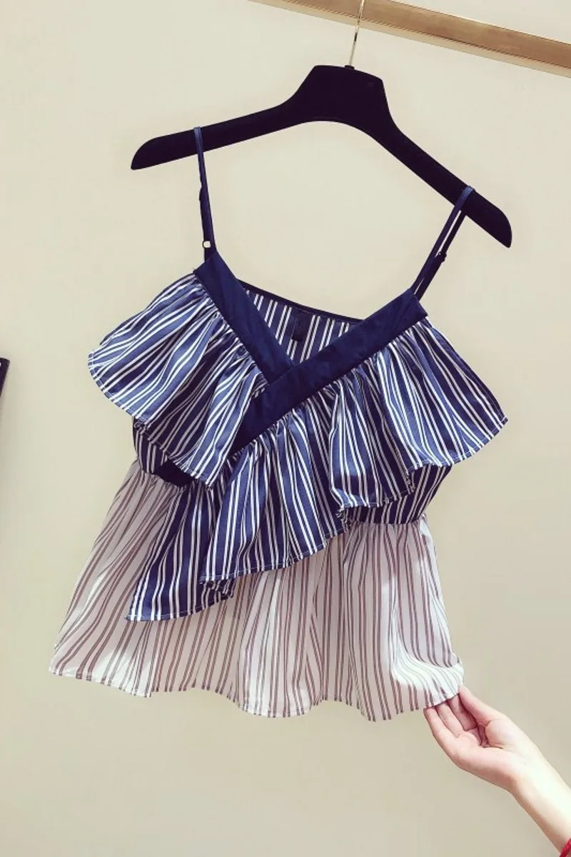 

2020 New Korea-style Summer Color Block Striped Small Camis for Women Irregular Ruffle V-neck Strap Tanks Casual Female Tops