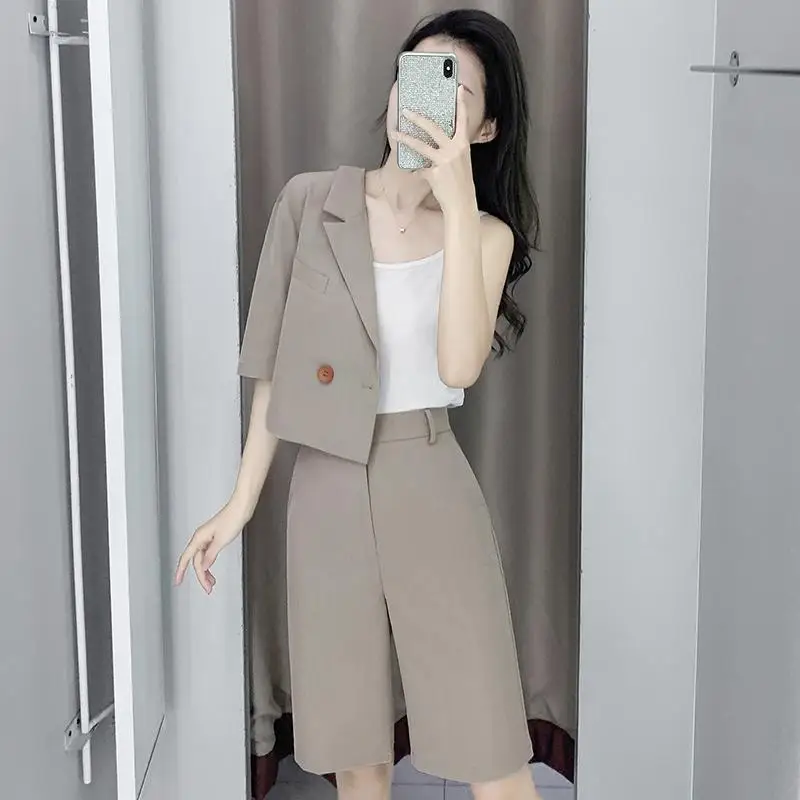 

Fashion Short Style Women Suits 2021 Summer Casual Jackets + Casual Knee Length Pants Two Piece Ladies Sets Female Suits KS763