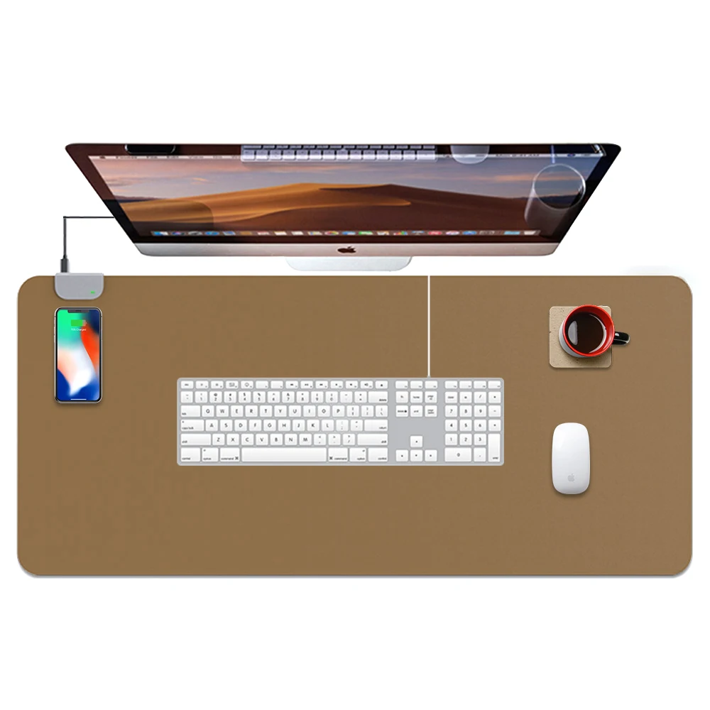 900x420 mm XXL Large PU Leather Mouse Pad QI Wireless Charging Desk Pads Black Mobile Phone Charger Table Mats Brown