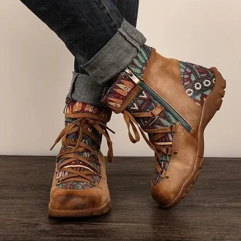 

2020 new style artificial leather outdoor jacquard artificial leather stitching and ankle super comfortable flat women's boots