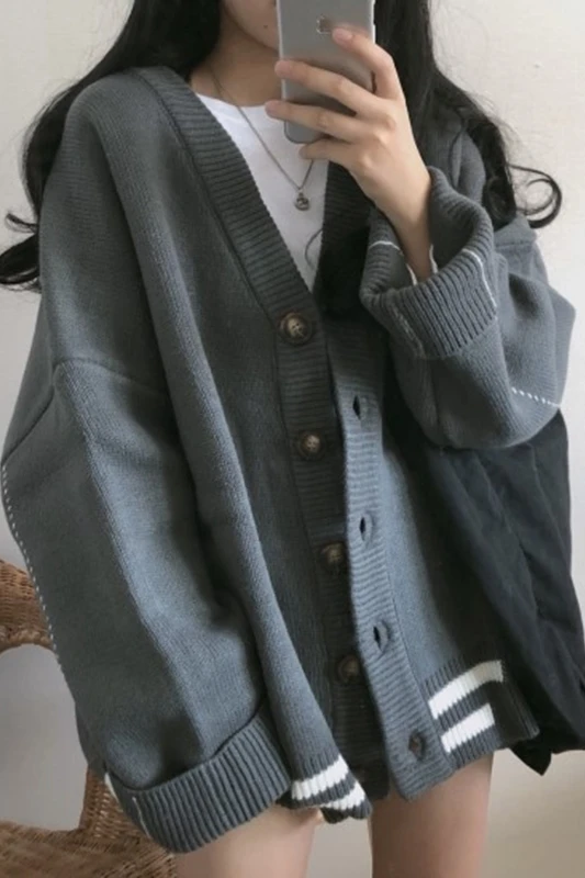 Harajuku осенний цвет полосатый однобортный жакет V воротник кардиган Sweate Полосатые свитера женский кардиган Feminino