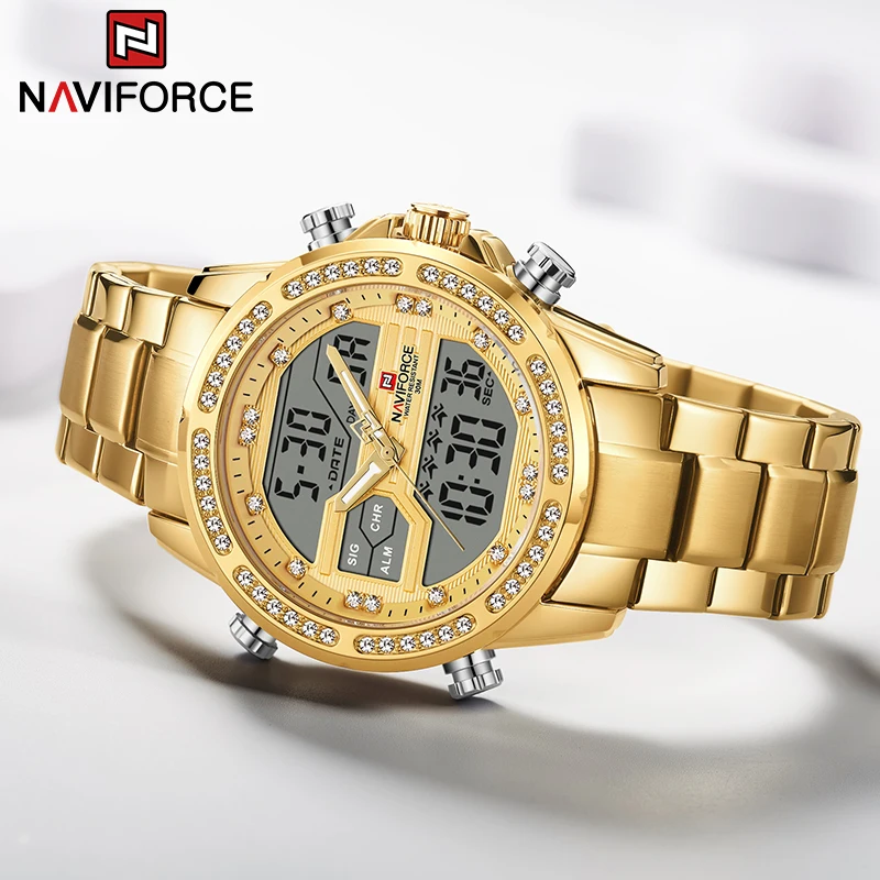 Часы наручные NAVIFORCE Мужские кварцевые спортивные золотистые водонепроницаемые