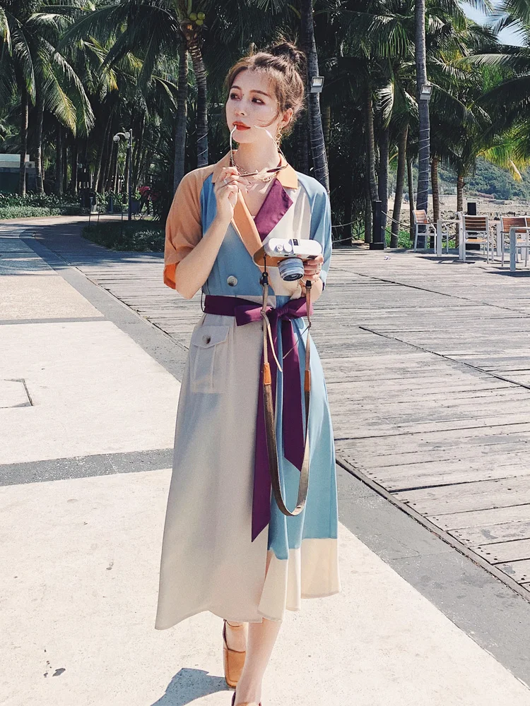 

Korean Fashion Contrast Color Shirt Dress Female Summer Elegant Suit Collar Single Breast Patchwork Long Dress Office Vestidos