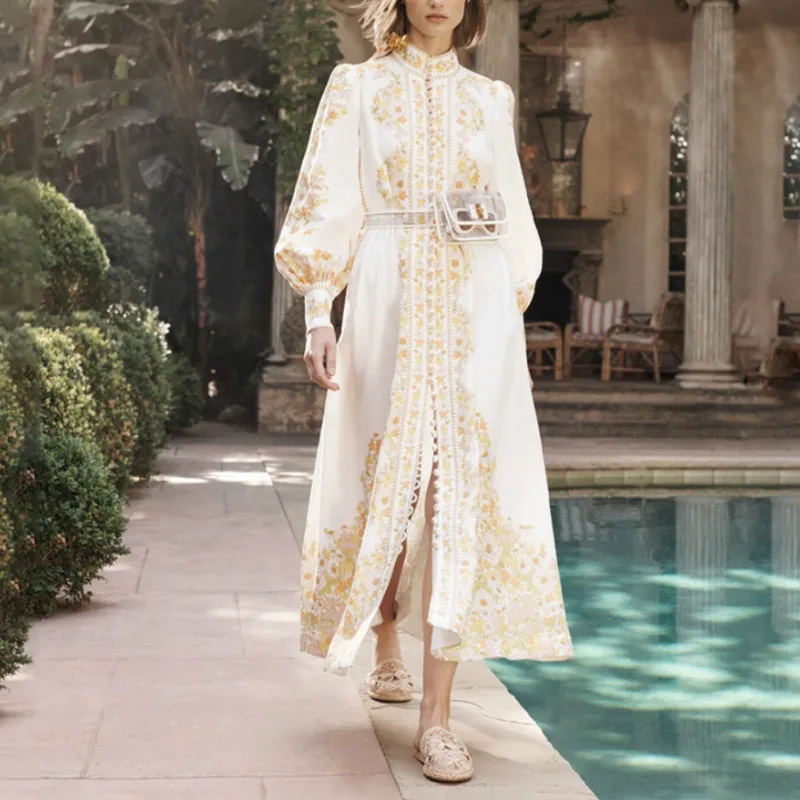 Высокое качество женские макси длинное платье Boho Роскошные пуговицы льняные