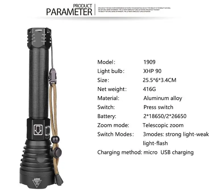 Kuulee XHP90 светодиодный 3 режима затемнения высокой яркости фонарик usb зарядка 25,5*6*3,4 см