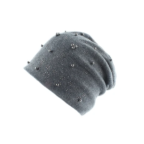 Модная однотонная женская шапка Skullies Beanies с жемчугом и стразами, зимняя женская шапка, осенняя вязаная шапка из мягкого хлопка - Цвет: Серый