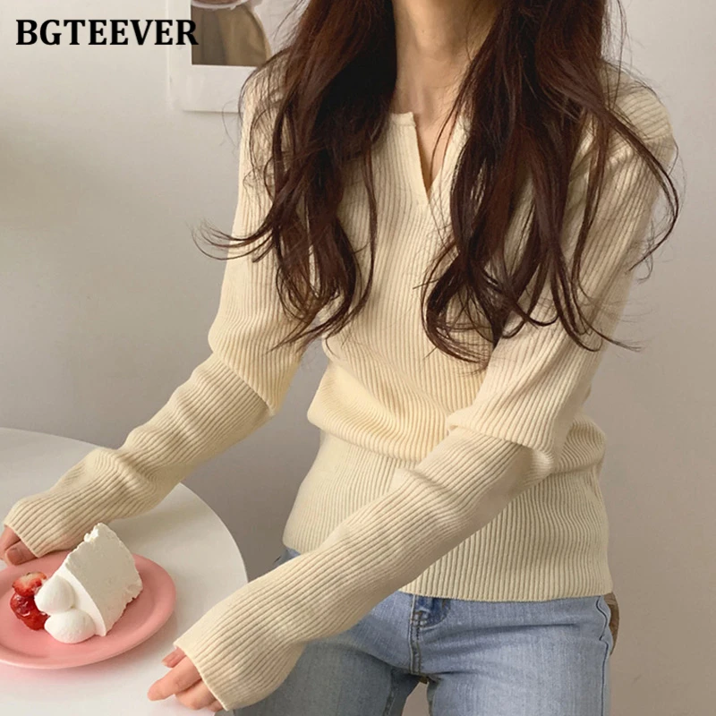 Свитер Женский вязаный BGTEEVER с V-образным вырезом и длинным рукавом Осень-зима 2020 |