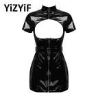 Женское сексуальное платье из лакированной кожи, латексное облегающее мини-платье из искусственной кожи с эффектом влажного вида, экзотическое нижнее белье с открытой чашкой, нижнее белье, клубная одежда