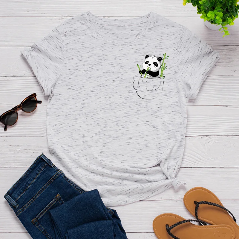 

Summer Women Tshirt Panda Pockets Print Short Sleeve Tees Tops Ladies Animal Plus Size T Shirt Funny Woman T-shirts